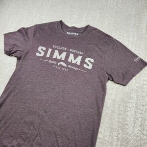 Simms Fishing Shirt Men Small Bozeman Montana Spellout Tee Brown